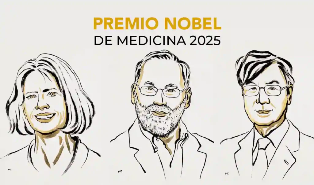 Ilustración oficial de los ganadores del Premio Nobel de Medicina 2025 por el descubrimiento de los mecanismos de tolerancia inmune y las células T reguladoras.