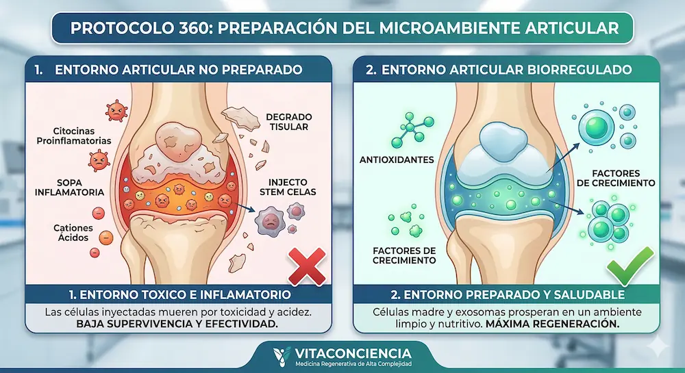 Infografía médica comparativa que muestra una rodilla con artrosis en un entorno articular tóxico e inflamado frente a una rodilla biorregulada y preparada para la regeneración celular exitosa.