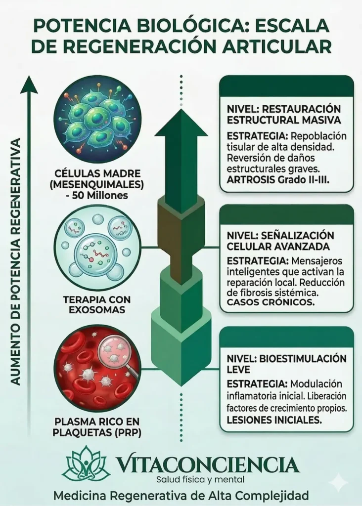 Gráfico de escala de potencia regenerativa articular en Vitaconciencia: comparativa entre PRP, terapia con exosomas y células madre mesenquimales de alta densidad.