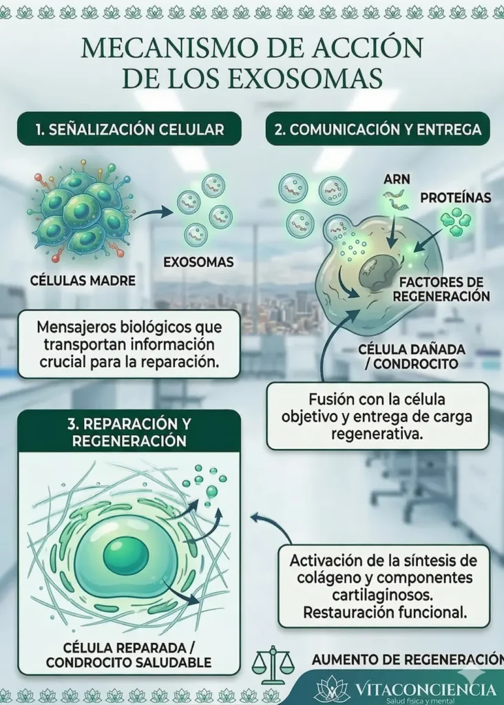 Diagrama médico del mecanismo de acción de los exosomas: señalización celular, entrega de factores de regeneración y reparación de condrocitos dañados.