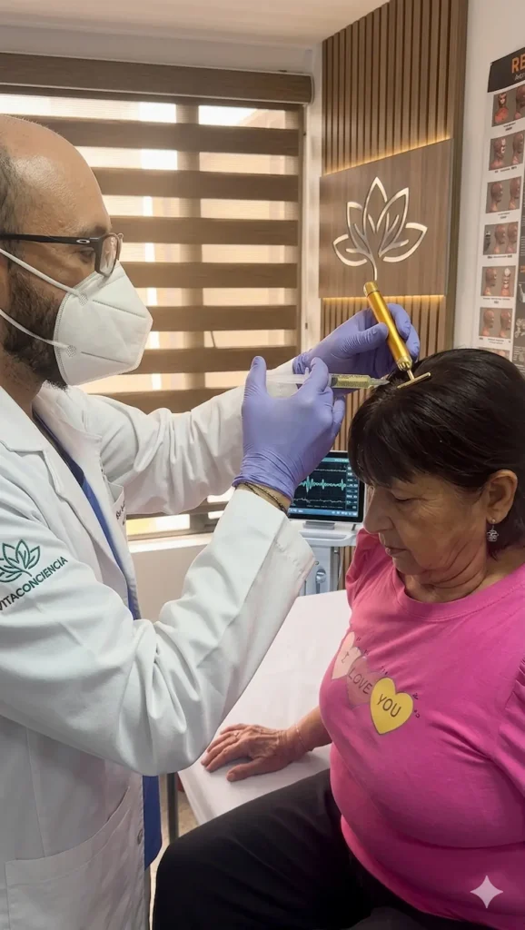 Dr. Camilo en Vitaconciencia realizando el Protocolo RESET de neuromodulación avanzada con jeringa e instrumento de biorregulación para el tratamiento de fibromialgia y migraña en Bogotá.