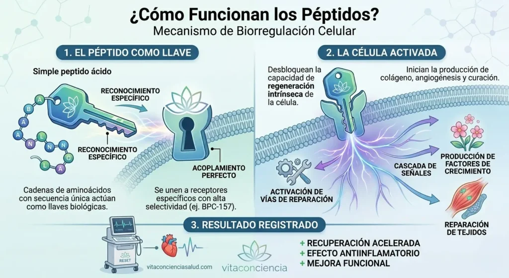 Infografía médica de Vitaconciencia: Mecanismo de acción de péptidos BPC-157 y TB-500 en receptores celulares