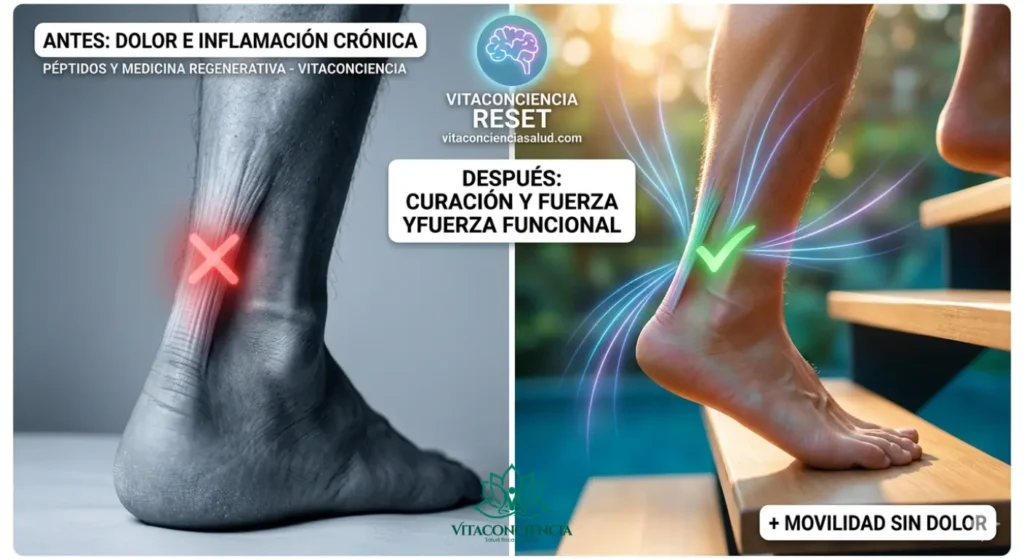 Resultados visuales de reparación de tendones y ligamentos con péptidos en medicina regenerativa Vitaconciencia